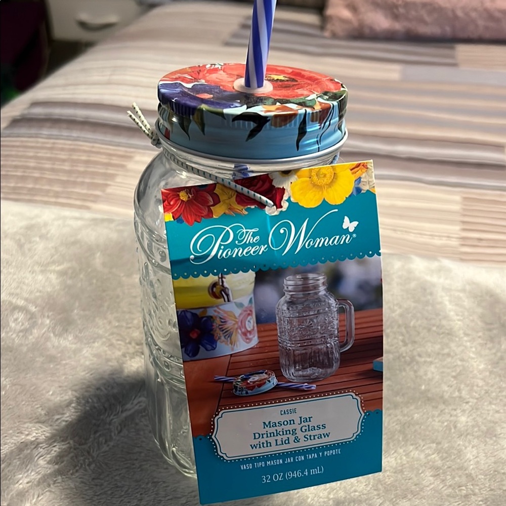 The Pioneer Woman Floral Mason Jar with Blue Straw set of three - Picture 2 of 7